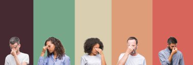 Kolaj grup izole arka burun ve göz yorgunluğu ve baş ağrısı duygu sürtünme yorgun renkli üzerinde genç ve üst düzey insan. Stres ve hayal kırıklığı kavramı.