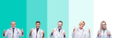 Kolaj grup stetoskop renkli üzerinde giyen Doktor insan el ile olumlu hareketi yaparken arka plan başarı işareti başparmak gülümseyen ve mutlu izole. Neşeli bir ifadeyle, kazanan jest kameraya bakıyor.