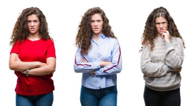 Genç esmer kıvırcık saçlı kız izole arka plan şüpheci ve çapraz kolları olan yüzündeki gergin, onaylamayan ifade kolaj. Negatif kişi.