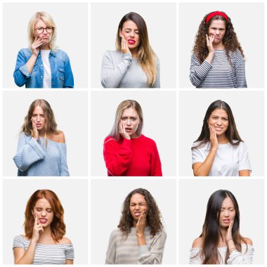 Kolaj diş ağrısı veya dişlerde dişlerle ilgili hastalık nedeniyle ağız acı ifadesi ile el ile dokunmak izole arka plan üzerinde genç güzel kadın. Diş hekimi kavramı.