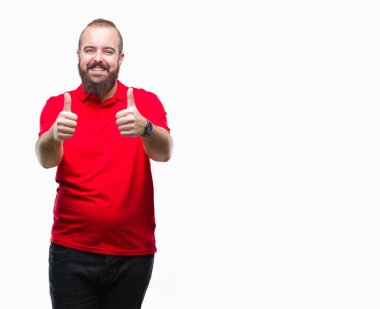 El ile pozitif jest yapıyor onaylama izole arka plan üzerinde kırmızı gömlek giymiş genç beyaz hipster adam başparmak gülümseyen ve başarı için mutlu. Kamera, kazanan jest arıyorsunuz.
