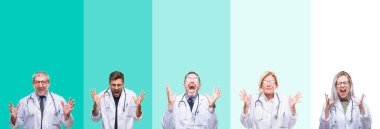 Kolaj Doktor insanlar kızgın ve silah ile başarı için deli kutluyor renkli izole arka plan üzerinde stetoskop giyen Grubu'nun kaldırdı ve heyecanlı çığlık gözler kapalı. Kazanan kavramı