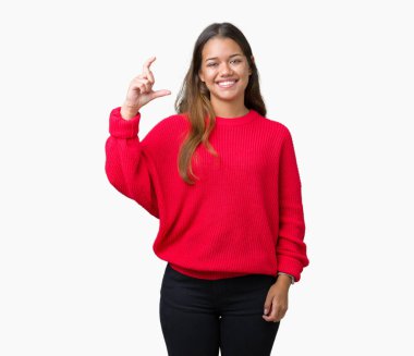 İzole arka plan gülümseyen ve süre seyir ve kamera boyutu işaret parmaklarıyla yapıyor el ile kendinden emin eller üzerinde kırmızı kış kazak giyen genç güzel esmer kadın. Ölçü kavramı.