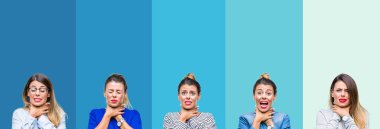 Kolaj izole mavi çizgili genç güzel kadın bir arka plan bağırarak ve çünkü boğmak acı kendi ellerimle öldürürüm. Sağlık sorunu. Yaralarından ve intihar kavramı.