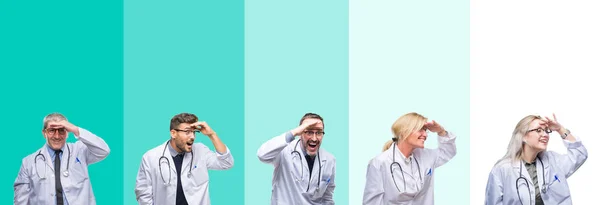 Collage Einer Gruppe Von Ärzten Die Stethoskop Über Buntem Isoliertem — Stockfoto