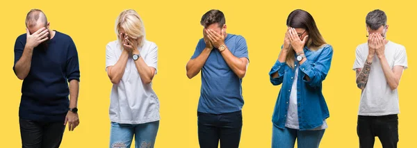 Collage Van Groep Mensen Vrouwen Mannen Kleurrijke Gele Geïsoleerde Achtergrond — Stockfoto