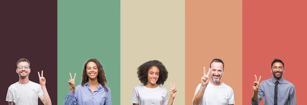 Collage Group Young Senior People Colorful Isolated Background Showing Pointing — Stock Photo, Image