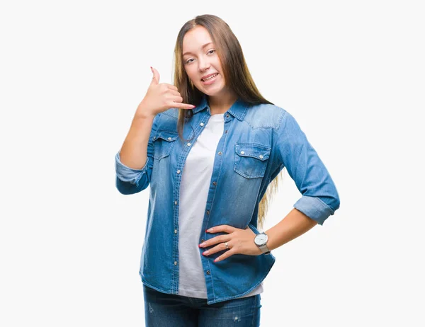 Young Caucasian Beautiful Woman Isolated Background Smiling Doing Phone Gesture — Stock Photo, Image