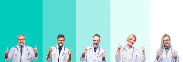 Collage Groupe Médecins Portant Stéthoscope Sur Fond Isolé Coloré Signe — Photo