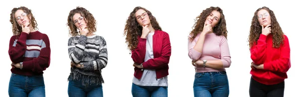 Collage Eines Jungen Brünetten Mädchens Mit Lockigem Haar Vor Isoliertem — Stockfoto