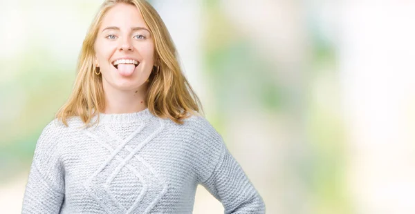 Beautiful Young Woman Wearing Winter Sweater Isolated Background Sticking Tongue — Stock Photo, Image