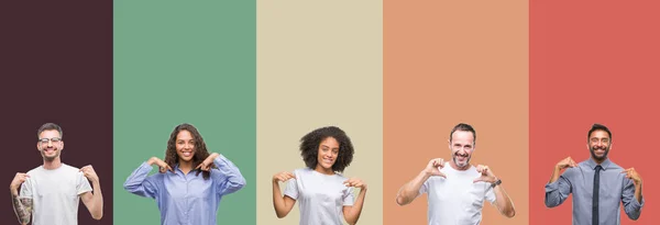 Colagem Grupo Jovens Idosos Sobre Fundo Isolado Colorido Olhando Confiante — Fotografia de Stock