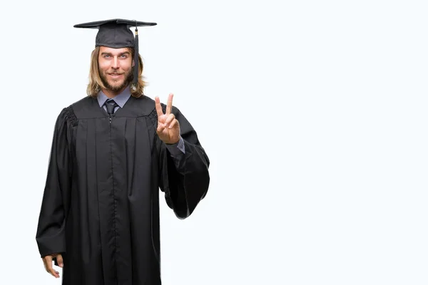 Young Handsome Graduated Man Long Hair Isolated Background Smiling Looking — Stock Photo, Image