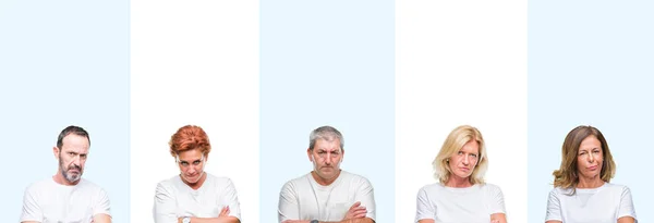 グループ中年や高齢者の孤立した背景の懐疑論者と組んだ腕で顔の神経 不賛成の式に白い シャツを着てのコラージュ 否定的な人 — ストック写真
