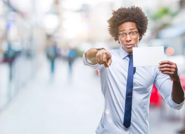 Afro American Man Holding Blank Card Isolated Background Pointing Finger — Stock Photo, Image