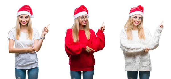 Collage Unga Vackra Blonda Kvinnan Bär Jul Hatt Över Isolerade — Stockfoto