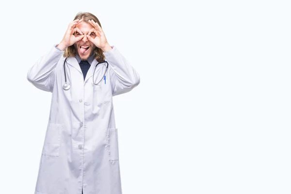 Young Handsome Doctor Man Long Hair Isolated Background Doing Gesture — Stock Photo, Image