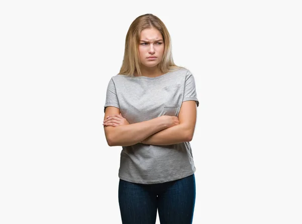 分離背景懐疑論者と組んだ腕で顔の神経 不賛成の式で若い白人女性 否定的な人 — ストック写真