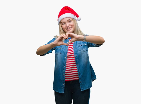 Mulher Caucasiana Jovem Usando Chapéu Natal Sobre Fundo Isolado Sorrindo — Fotografia de Stock