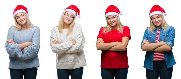 Colagem Jovem Bela Mulher Loira Vestindo Chapéu Natal Sobre Branco — Fotografia de Stock