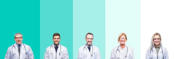 Collage Groupe Médecins Portant Stéthoscope Sur Fond Isolé Coloré Avec — Photo