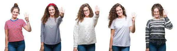 Kolaj Genç Esmer Kıvırcık Saçlı Kız Gösterilen Parmakları Ile Işaret — Stok fotoğraf
