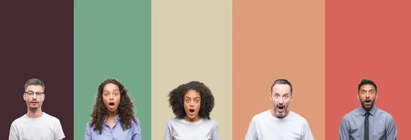 Colagem Grupo Jovens Idosos Sobre Fundo Isolado Colorido Com Medo — Fotografia de Stock