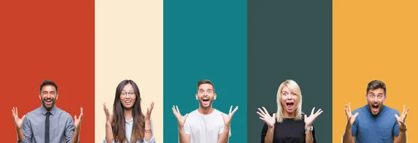 Collage Van Verschillende Etniciteit Jongeren Kleurrijke Strepen Geïsoleerd Achtergrond Vieren — Stockfoto