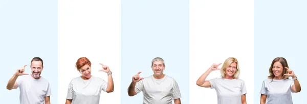 在孤立的背景上穿着白色 T恤的群体中年和老年人的拼贴微笑着和自信的手势与手做大小标志用手指 同时看和相机 测量概念 — 图库照片