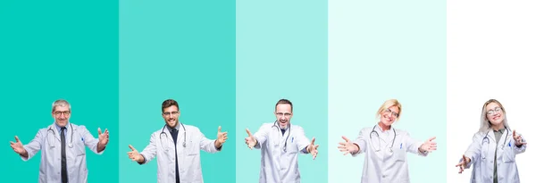 Collage Grupo Médicos Con Estetoscopio Sobre Fondo Aislado Colores Mirando — Foto de Stock