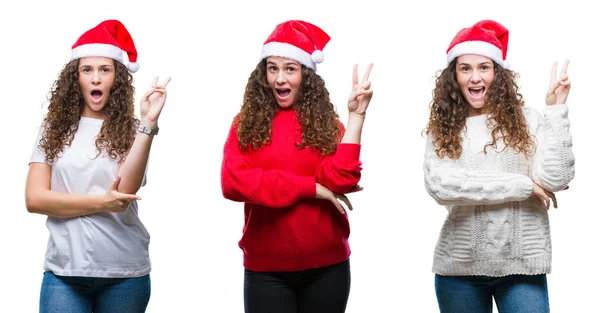 Collage Eines Jungen Brünetten Mädchens Mit Weihnachtsmütze Vor Isoliertem Hintergrund — Stockfoto