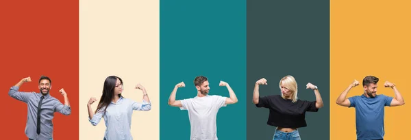 カラフルなストライプ分離背景誇り笑顔腕の筋肉を示す上異なる民族若者のコラージュ フィットネスの概念 — ストック写真