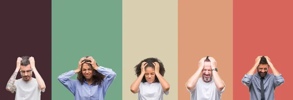 Collage Grupo Jóvenes Personas Mayores Sobre Coloridos Antecedentes Aislados Que — Foto de Stock