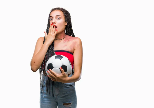 Joven Cabello Trenzado Afroamericano Con Marca Nacimiento Sosteniendo Pelota Fútbol —  Fotos de Stock