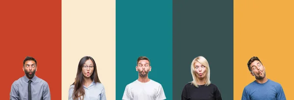 Collage Diferentes Etnias Jóvenes Sobre Rayas Colores Fondo Aislado Haciendo —  Fotos de Stock