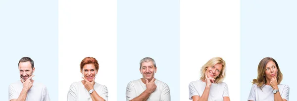 Collage Mezza Età Gruppo Anziani Che Indossano Shirt Bianca Sfondo — Foto Stock