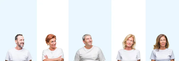 Collage Group Middle Age Senior People Wearing White Shirt Isolated — Stock Photo, Image