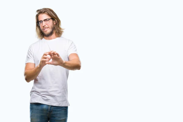 Young Handsome Man Long Hair Wearing Glasses Isolated Background Disgusted — Stock Photo, Image