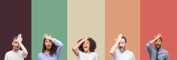 Collage Grupo Jóvenes Personas Mayores Sobre Fondo Aislado Colorido Sorprendido —  Fotos de Stock