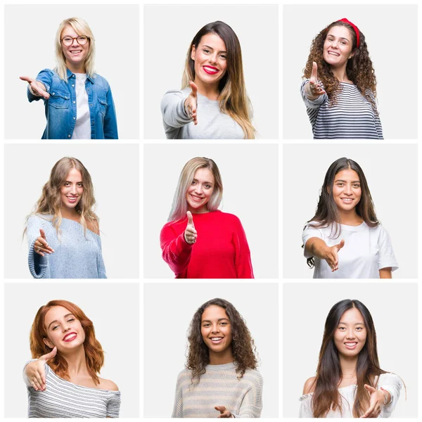 Collage Mujeres Hermosas Jóvenes Sobre Fondo Aislado Sonriendo Amistoso Ofreciendo —  Fotos de Stock