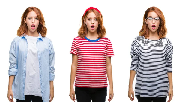 Collage Young Beautiful Redhead Woman Isolated Background Afraid Shocked Surprise — Stock Photo, Image