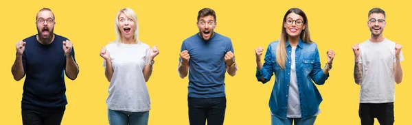 Collage Van Groep Mensen Vrouwen Mannen Kleurrijke Geel Geïsoleerde Achtergrond — Stockfoto