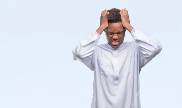 Young Arabic African Man Wearing Traditional Djellaba Isolated Background Suffering — Stock Photo, Image