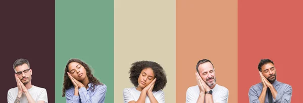 Collage Grupo Jóvenes Personas Mayores Sobre Colorido Fondo Aislado Durmiendo — Foto de Stock