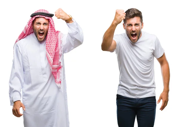 ハンサムな若い男と以上のアラブ人のコラージュが怒っている背景を分離し 怒りとイライラしながら猛烈な叫びを拳狂牛病発生します 怒りと攻撃的な概念 — ストック写真