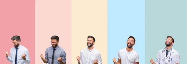 Colagem Homem Bonito Sobre Listras Coloridas Fundo Isolado Muito Feliz — Fotografia de Stock