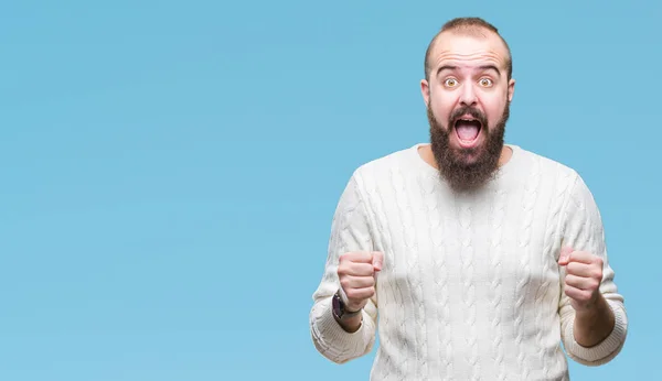 Homem Jovem Hipster Caucasiano Vestindo Camisola Inverno Sobre Fundo Isolado — Fotografia de Stock