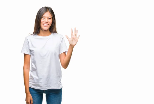 Młoda Azji Kobieta Białym Tle Wyświetlono Skierowaną Górę Palcami Numer — Zdjęcie stockowe