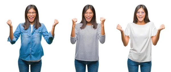 Collage Einer Jungen Asiatischen Frau Mit Brille Vor Weißem Hintergrund — Stockfoto