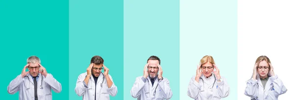 Collage Groupe Médecins Personnes Portant Stéthoscope Sur Fond Isolé Coloré — Photo